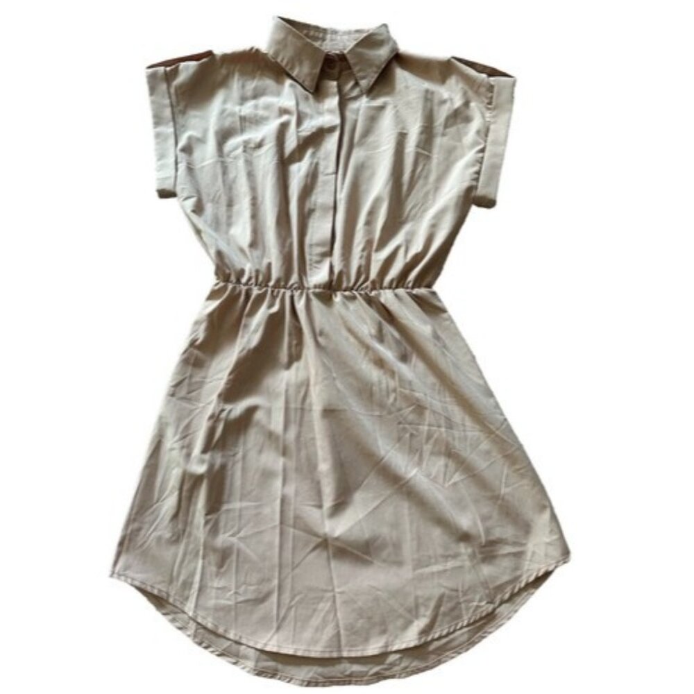 Unbranded Button Short Sleeve Tan A-Line Dress Size Small Collar Casual Solid